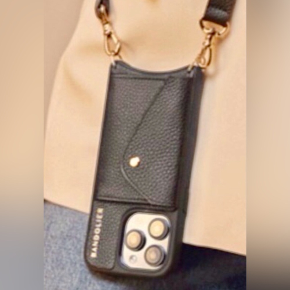 Bandolier Black Crossbody Phone Case with Gold Accents 14 pro